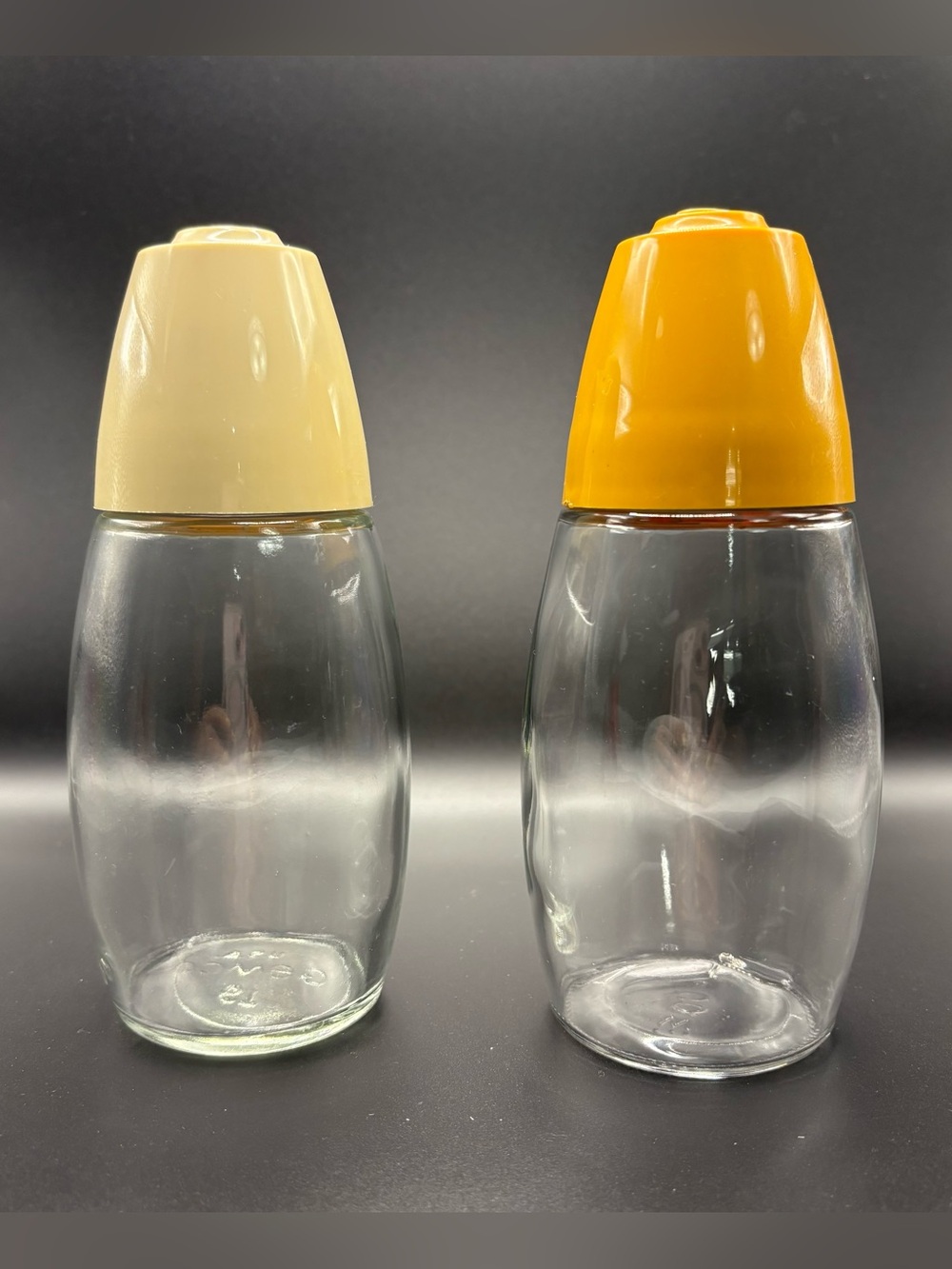 Vintage Gemco Glass Sugar Dispensers Set Yellow & Cream Almond Tops